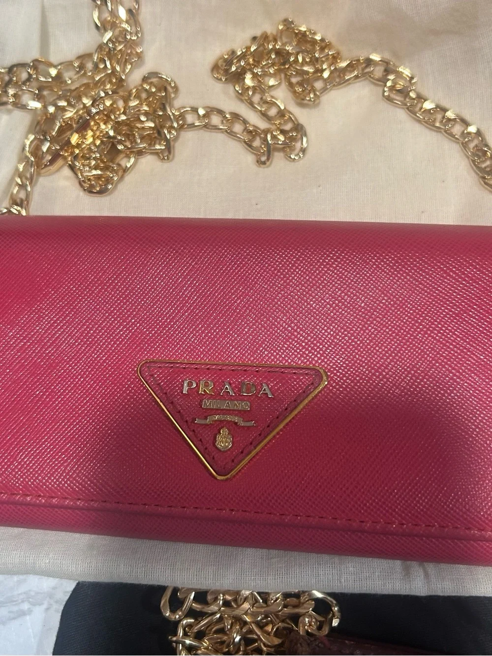 Prada Saffiano Leather Pink Wallet on Chain WOC Gold Chain Crossbody